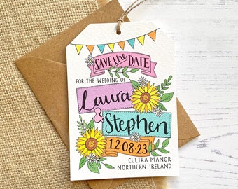 Hand Lettered Sunflower Save The Date Tag, Summer Save The Date Card, Rustic Wedding, Summer Wedding