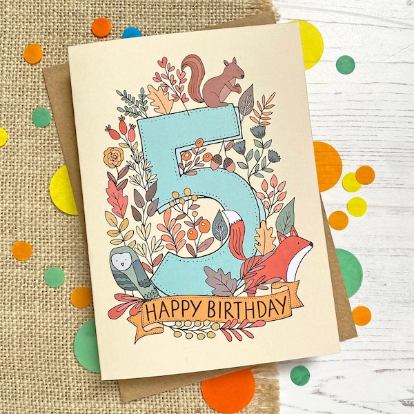 5th Birthday card - hand drawn, woodland theme, fox, squirrel, owl
