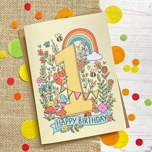 1st Birthday card - hand drawn, rainbow