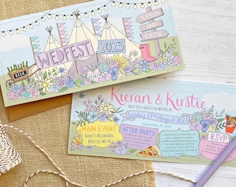 Festival Ticket Wedding Invitation, hand drawn