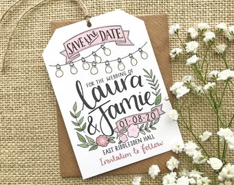 Festoon Lights & Floral Save The Date Tag, Hand Lettering Save The Date Card, Rustic Wedding Save The Date