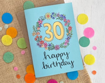 30th Birthday card - hand drawn floral Birthday card