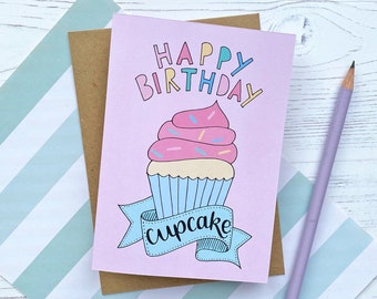 Happy Birthday Cupcake - hand drawn, pastel, children's Birthday card