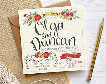 Hand Lettered Wedding Invitation with Red Flowers