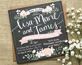 Hand Lettered Chalkboard Wedding Invitation, Blush Pink Floral Wedding Invitation