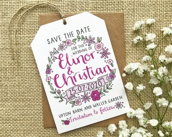 Hand Drawn Floral Wreath Save The Date Tag, Summer Wedding Save The Date, Pretty Floral Wreath Save The Date Card