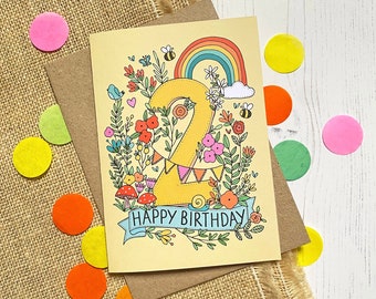 2nd Birthday card - hand drawn, rainbow