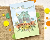 Happy New Home - hand drawn new home card, colourful, sunflowers