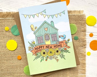 Happy New Home - hand drawn new home card, colourful, sunflowers