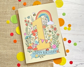 1st Birthday card - hand drawn, rainbow