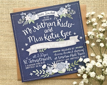 Hand Lettered Navy Wedding Invitation, Grey and Blue Floral Wedding Invitation, Hand Lettering