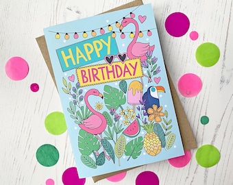 Tropical, Flamingo themed Birthday card - hand drawn design