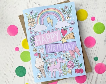 Unicorn, rainbow themed Birthday card - hand drawn design