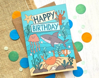 Children's sea creatures Birthday card - hand drawn illustrations