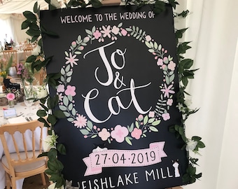 Hand Lettered Chalkboard Wedding Welcome Board, Chalkboard Wedding Sign, Floral Wreath Wedding Sign