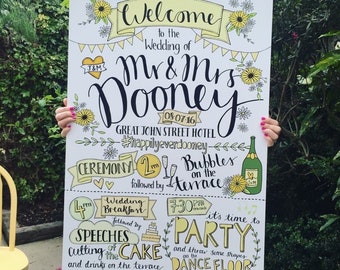 Wedding Order Of The Day Board, Bespoke Wedding Welcome Sign, Quirky Hand Drawn Wedding Sign