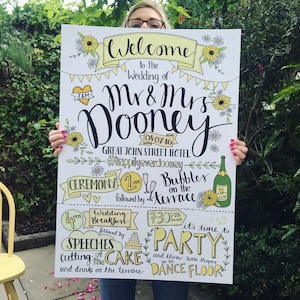 Wedding Order Of The Day Board, Bespoke Wedding Welcome Sign, Quirky Hand Drawn Wedding Sign