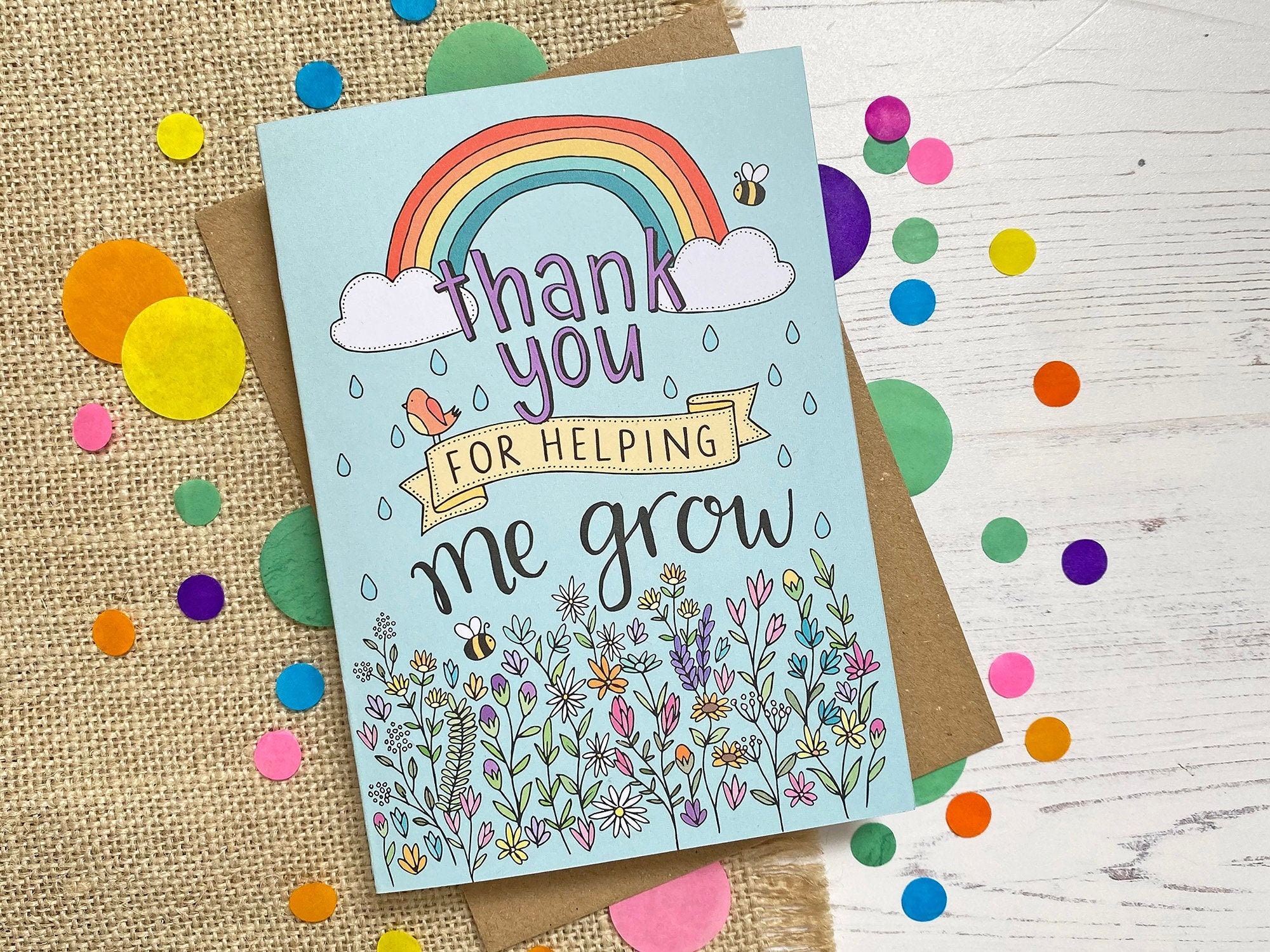 Thank you for helping me grow - thank you teacher card, hand drawn, r…