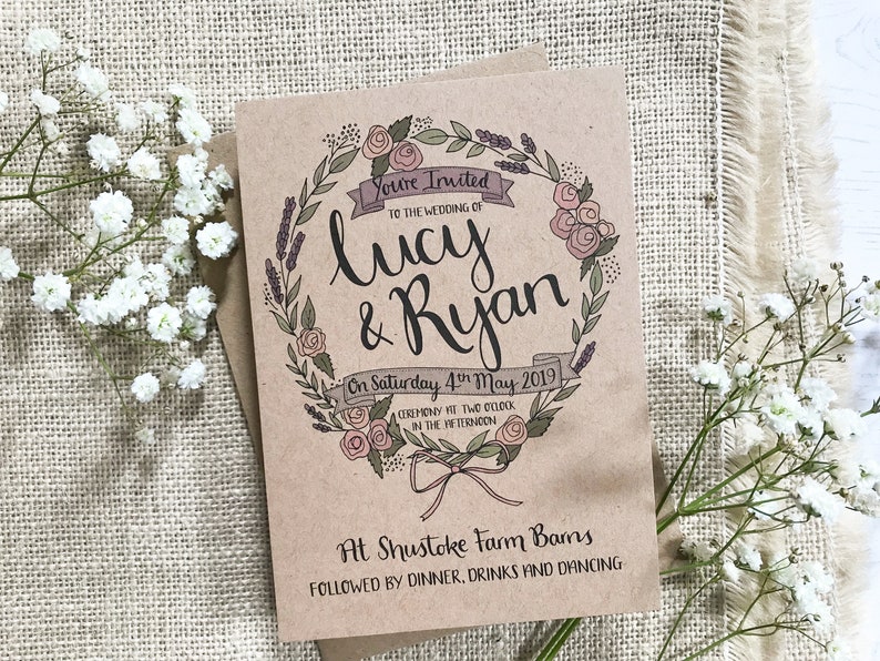 Rustic Wedding Invitation, Lavender Wreath, Hand Lettered Wedding Invitation, Kraft Wedding Invitation, Spring Wedding image 1