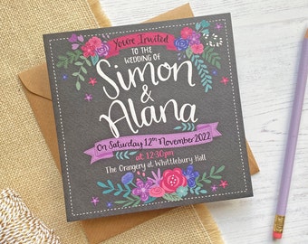 Hand Lettered Chalkboard Wedding Invitation, Jewel tones, Floral Wedding Invitation, Hand Lettering