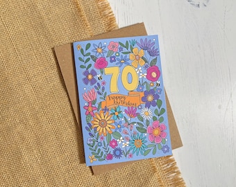 70th Birthday card - hand drawn florals