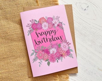 Birthday card - pink hand drawn florals