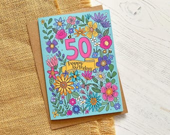 50th Birthday card - hand drawn florals