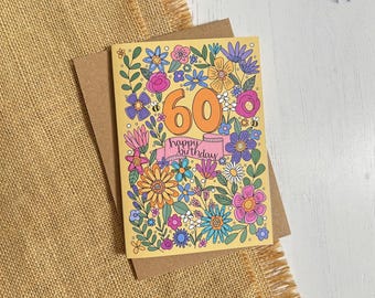 60th Birthday card - hand drawn florals