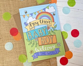 New baby boy card - hand drawn - bright colours
