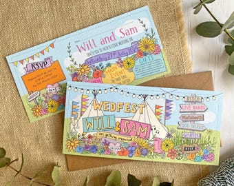 Festival Ticket Wedding Invitation, hand drawn