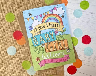 New baby girl card - rainbow - bright colours