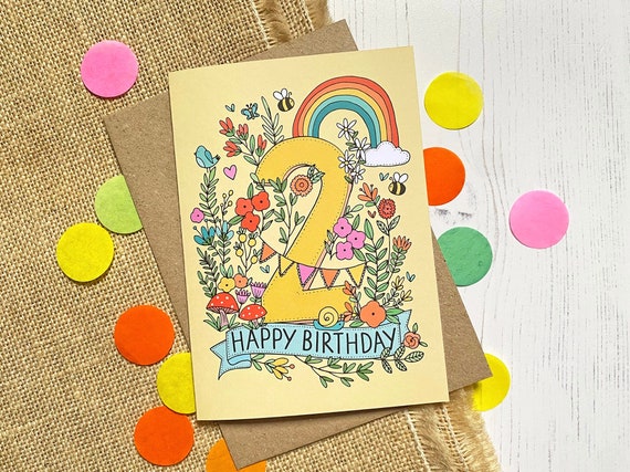 2nd Birthday card - hand drawn, rainbow