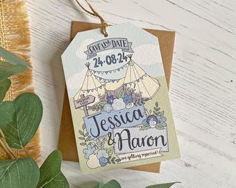 Tipi Wedding Save The Date Tag, Dusky Blue florals