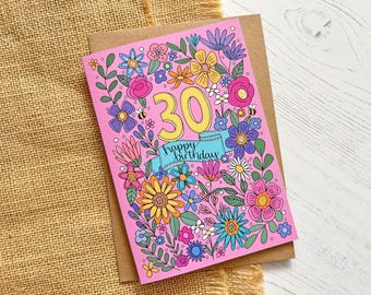 30th Birthday card - hand drawn florals