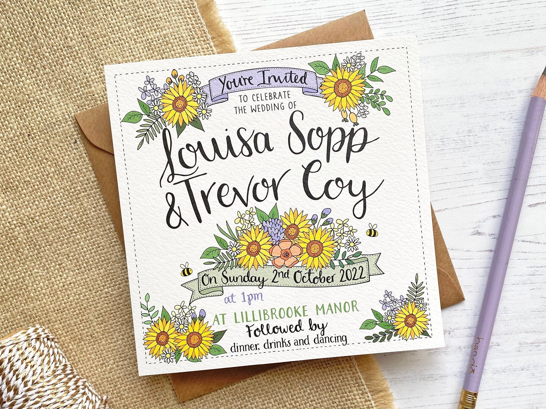 Handwritten Sunflower Wedding Invitation
