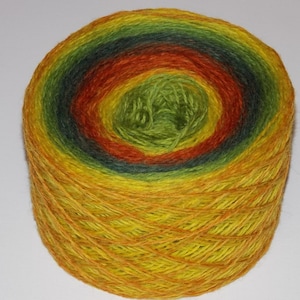 Op de afbeelding: Een bol garen met een meerkleurig verloop. Het garen is tot een bal gewikkeld en is een mix van geel, oranje, groen en blauw.