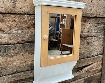 Bathroom Cabinet with Mirror and Shelf, White and Old Pine, Wall Hanging, Solid Wood, Country Cottage Style