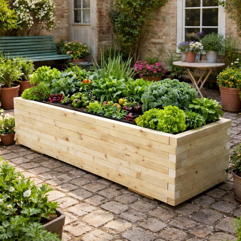May include: A rectangular wooden raised garden bed filled with various green leafy vegetables and other plants. The bed is constructed from light-colored wood and sits on a brick patio. A green bench and potted plants are in the background.
