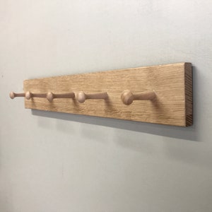 Oak Shaker Style Peg Rail Coat Rack, 2 to 10+ hooks, Natural Solid Wood Finished in Clear Warm Matt Oil.