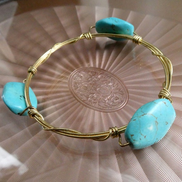 Turquoise Wire Wrapped Bangle, Vintage Southwestern Tex Mex Bracelet