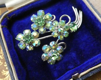 Vintage Aurora Borealis Brooch, 1950s Blue Green Floral Spray