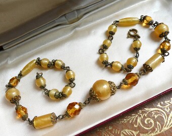 Antique Art Deco Necklace, 1920s Honey & Citrine Czech Art Glass Collar