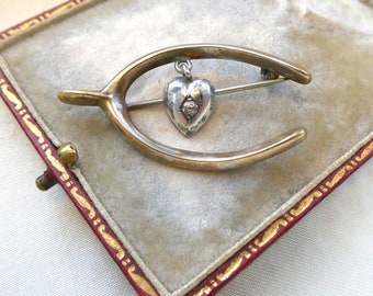 Antique Edwardian Wishbone Brooch c 1900 Heart Charm Lucky Pin