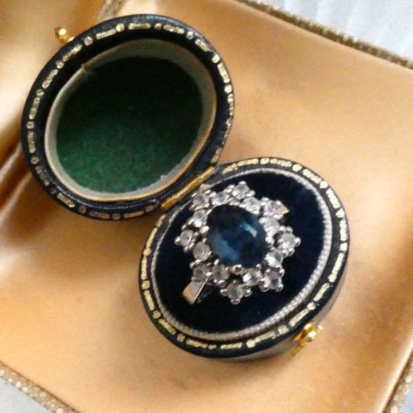 Vintage Sapphire & Diamond Paste Ring, Dress Cocktail Statement Ring, UK Sz P, USA Sz 7-8, Great Cond. Charming! Gift Boxed Vintage Jewelry