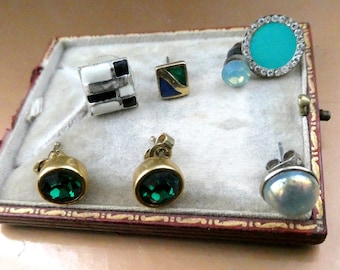 Vintage Green Stud Earrings Lot, Mismatched Rhinestone, Enamel, Opal Glass