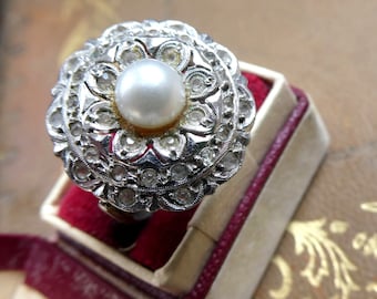 Vintage Freshwater Pearl Ring, Natural Pearl Diamond Cut Dress Cocktail Statement Ring, Size UK N, USA 6