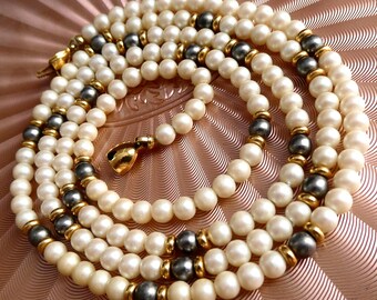 Vintage Monet Necklace, Long Glass Pearl Matinee Rope, 1980s