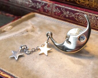 Vintage Avon Badge Moon & Stars Brooch Lapel Pin, Crescent Moon