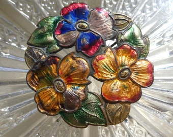 Antique Edwardian/Deco Brooch, c 1910 Enamelled Flower Pansy Posy Pin