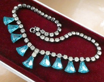 Vintage 1960s Bluebell Necklace, Turquoise Rhinestone Diamante Bib